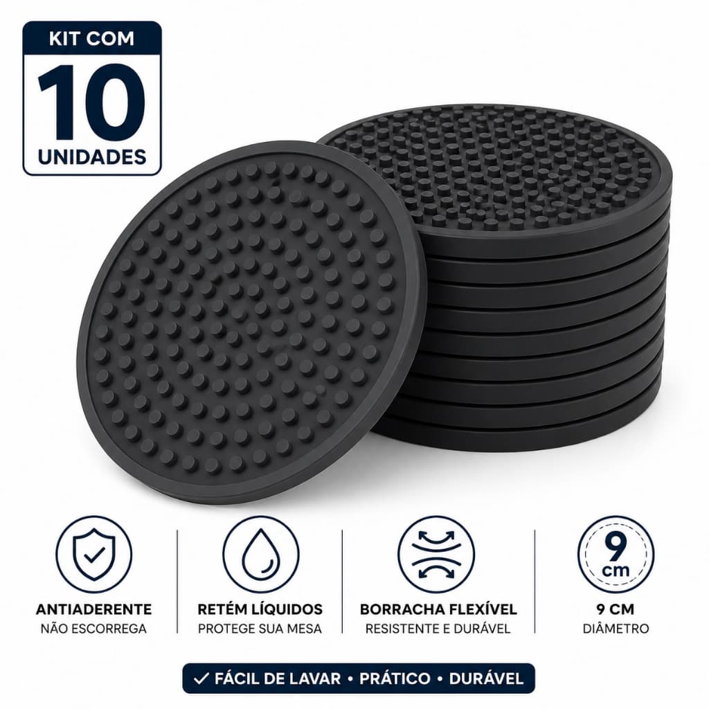 KIT C/ 10 PORTA COPO BORRACHA RETEM LIQUIDO BOLACAO 9CM BARMAT DESCANSO DE COPO