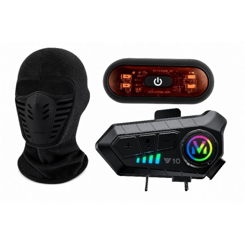 Conjunto para Moto ,  Kit Com uma Máscara de Motoqueiro, Lanterna para Capacete e Fone Bluetooth