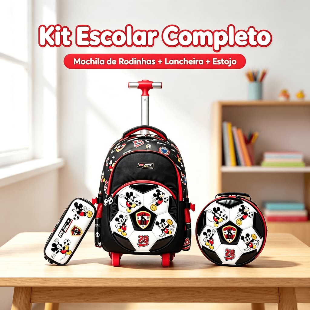 Kit Mochila de Rodinhas Mickey Disney Infantil Escolar Resistente