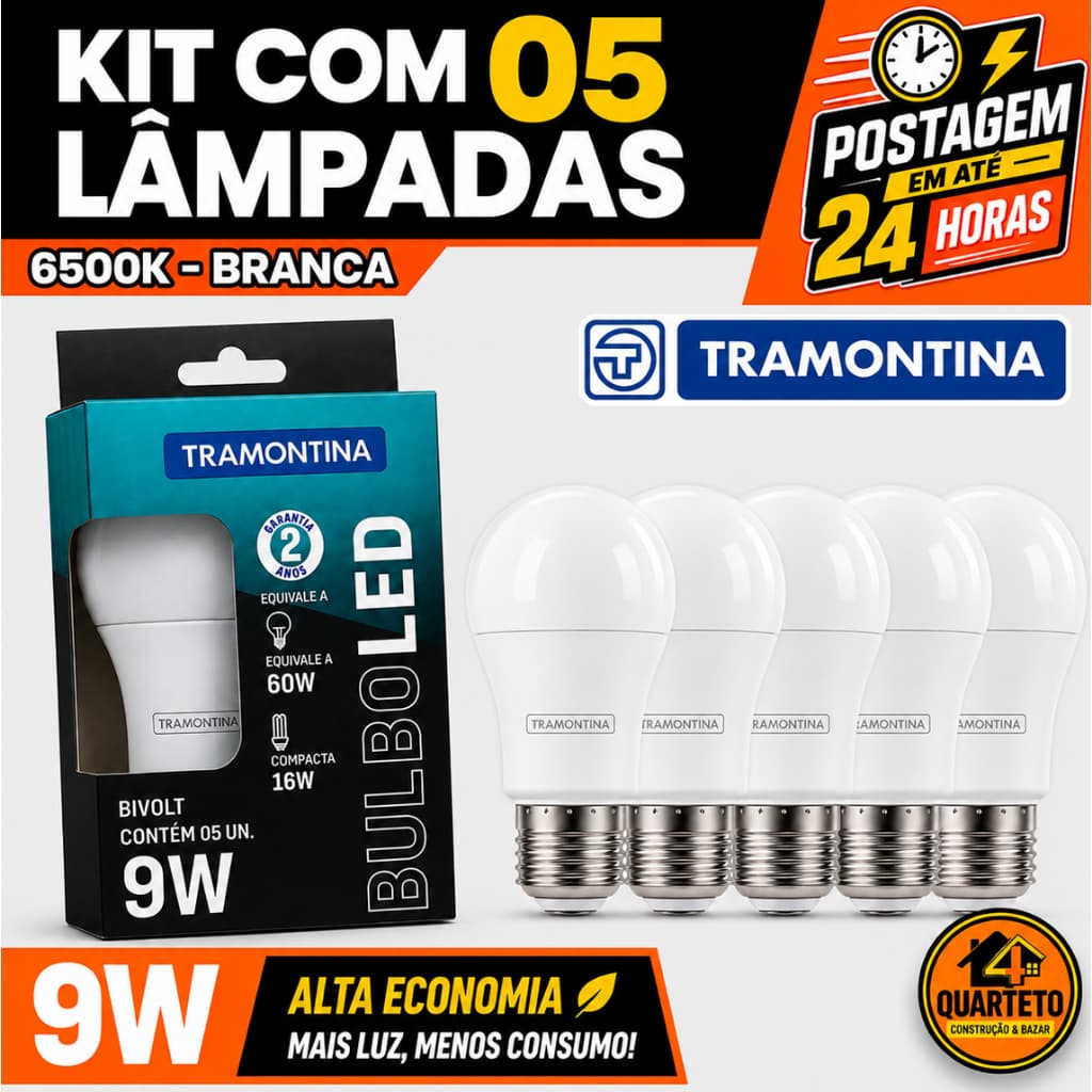 Kit 5 Lampada Tramontina LED Bulbo 9W E27 Economica Fria Bivolt