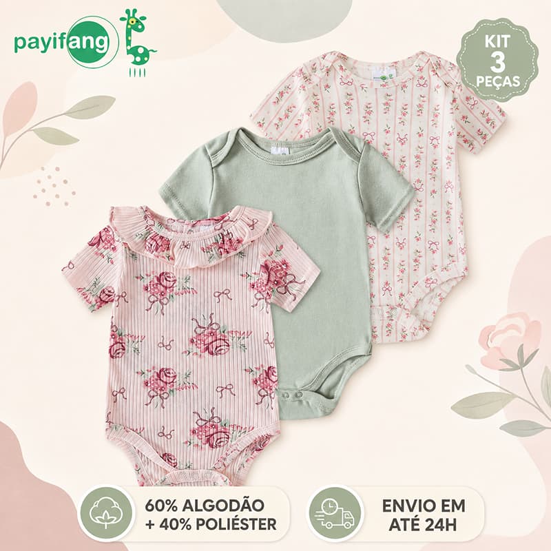 Payifang Kit 3 Bodies Bebê Menina Floral Rosas Manga Curta com Gola Babado 3M 6M 9M