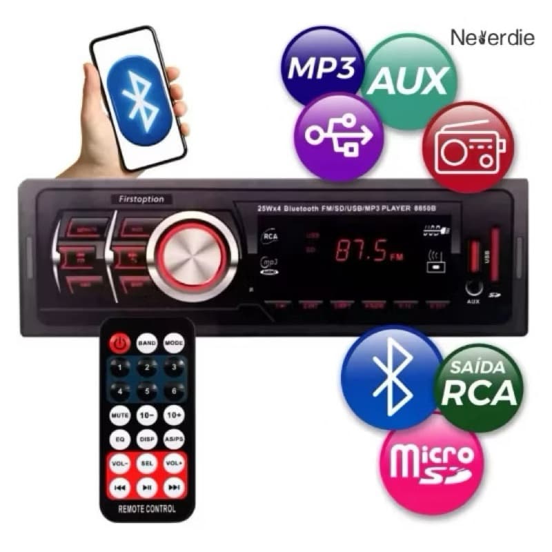 Rádio Automotivo MP3 Player USB FM SD AUX 12V Com Controle Remoto