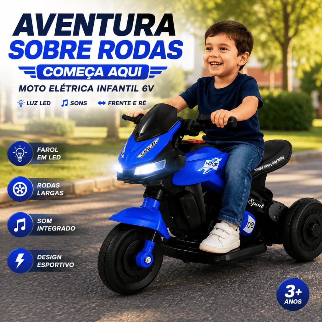 Triciclo Infantil Elétrica 6v Azul Com Luz Som Pedal Moto para menino moto elétrica recarregável diversão e segurança