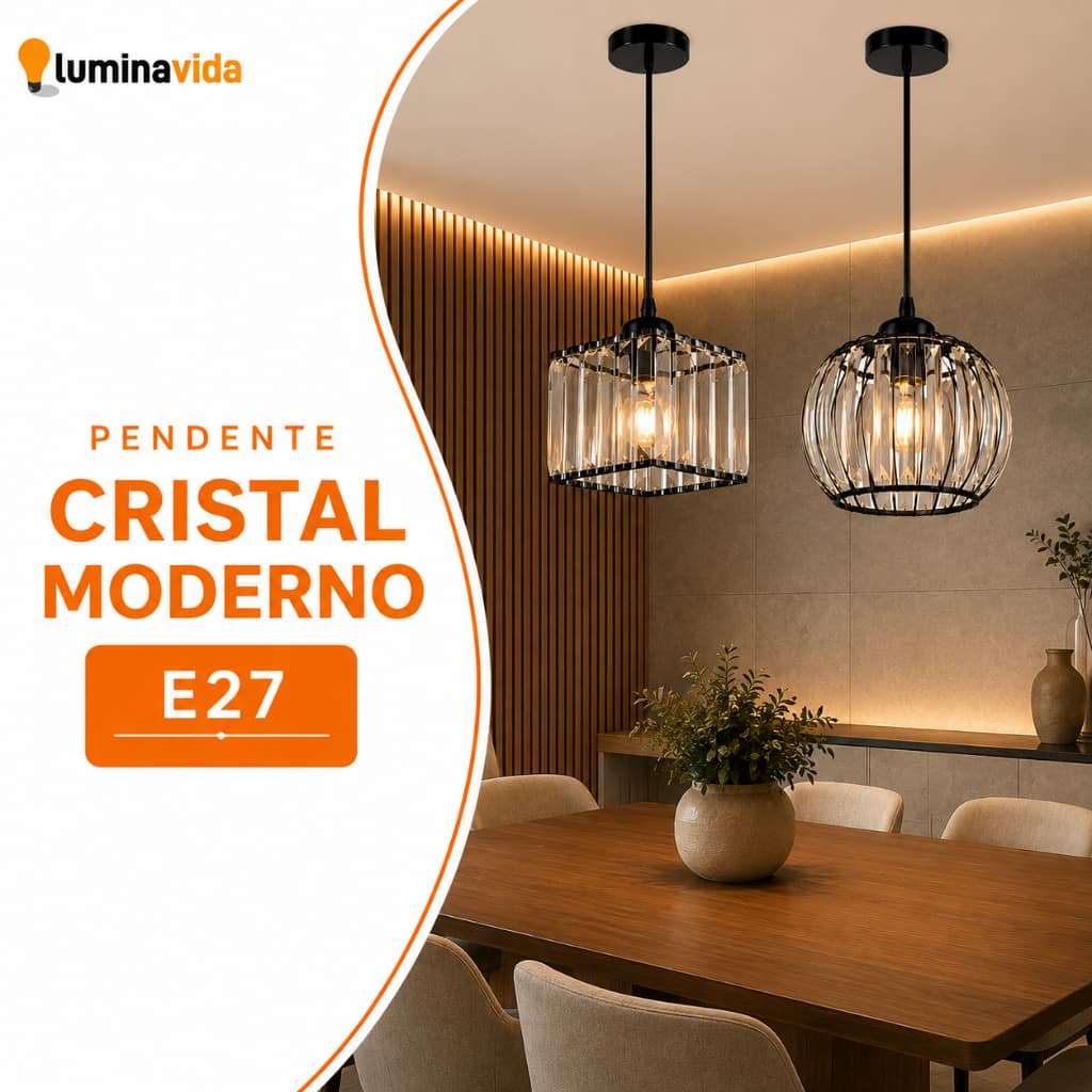Pendente Cristal Moderno E27 Preto – Lustre Decorativo para Sala, Cozinha, Quarto, Lavabo e Bancada