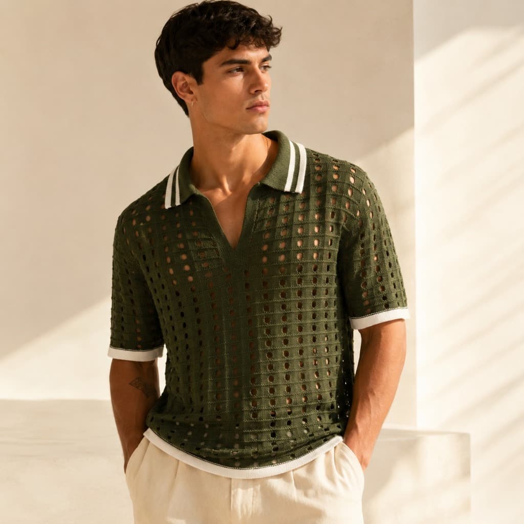 Camisa Polo Masculina Tricô Vazado  Old Money Premium Conforto Leve Estilo Moderno Respirável