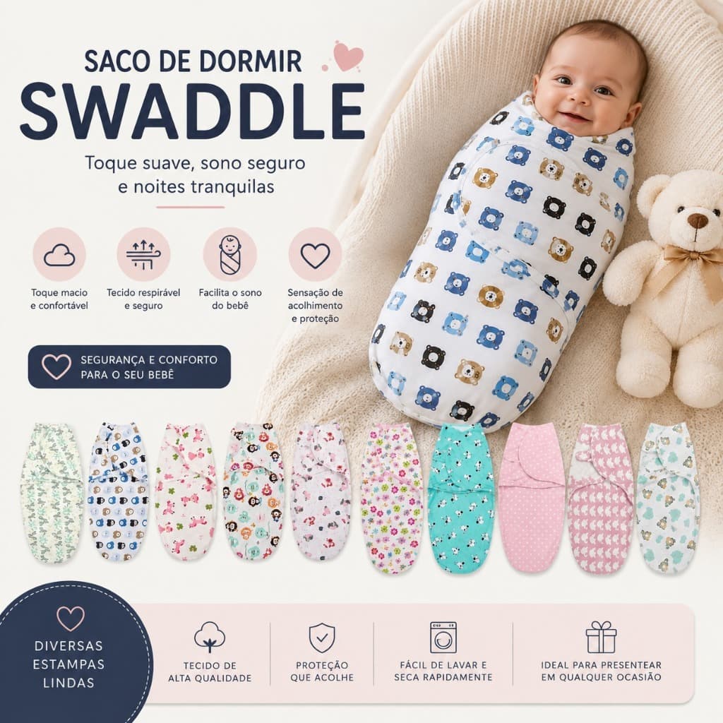 Saco de Dormir Swaddle para Bebê Ajustável 100% Algodão Enrolador Recém-Nascido Confortável e Seguro