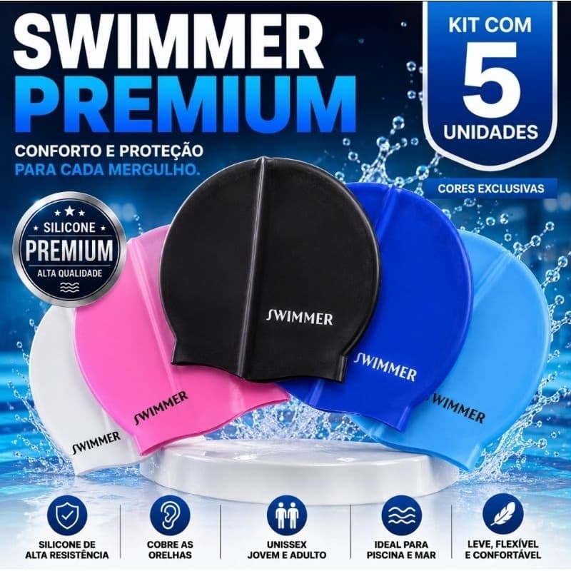 Kit 5 Toucas de Natação Silicone Premium SWIMMER Juvenil e Adulto Unissex Piscina Hidroginástica Alta Elasticidade