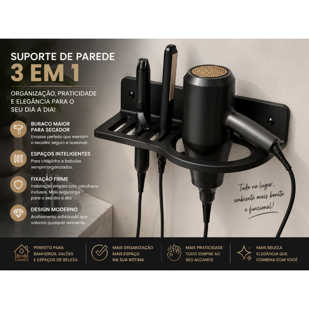 Suporte de Parede 3 em 1 para Secador, Chapinha e Babyliss | Organizador de Banheiro | Completo com parafusos