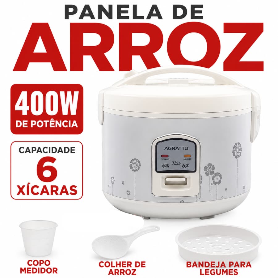 Panela De Arroz E Legumes 127V Timer De Desligamento Automatico Capacidade 6 Xicaras 400W