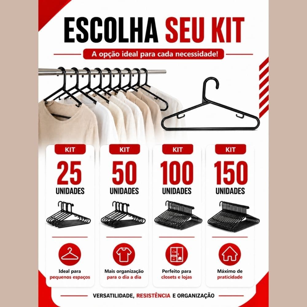 Kit Cabide Grosso Preto 12mm Reforçado Adulto 40cm Loja Casa Closet Organização