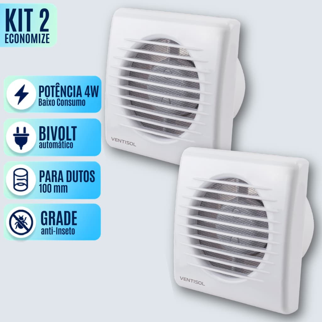 Kit 2 Exaustores Ventiladores Ar Para Banheiro 100mm Ventisol Bivolt Retira Odor Umidade