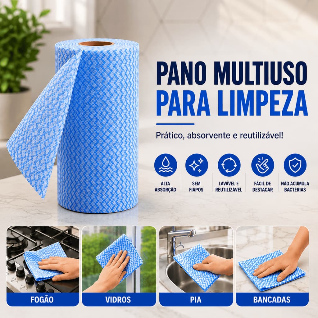 Pano de Limpeza Multiuso Tipo Perfex Rolo com 100 Panos Picotados Alta Absorção Lavável