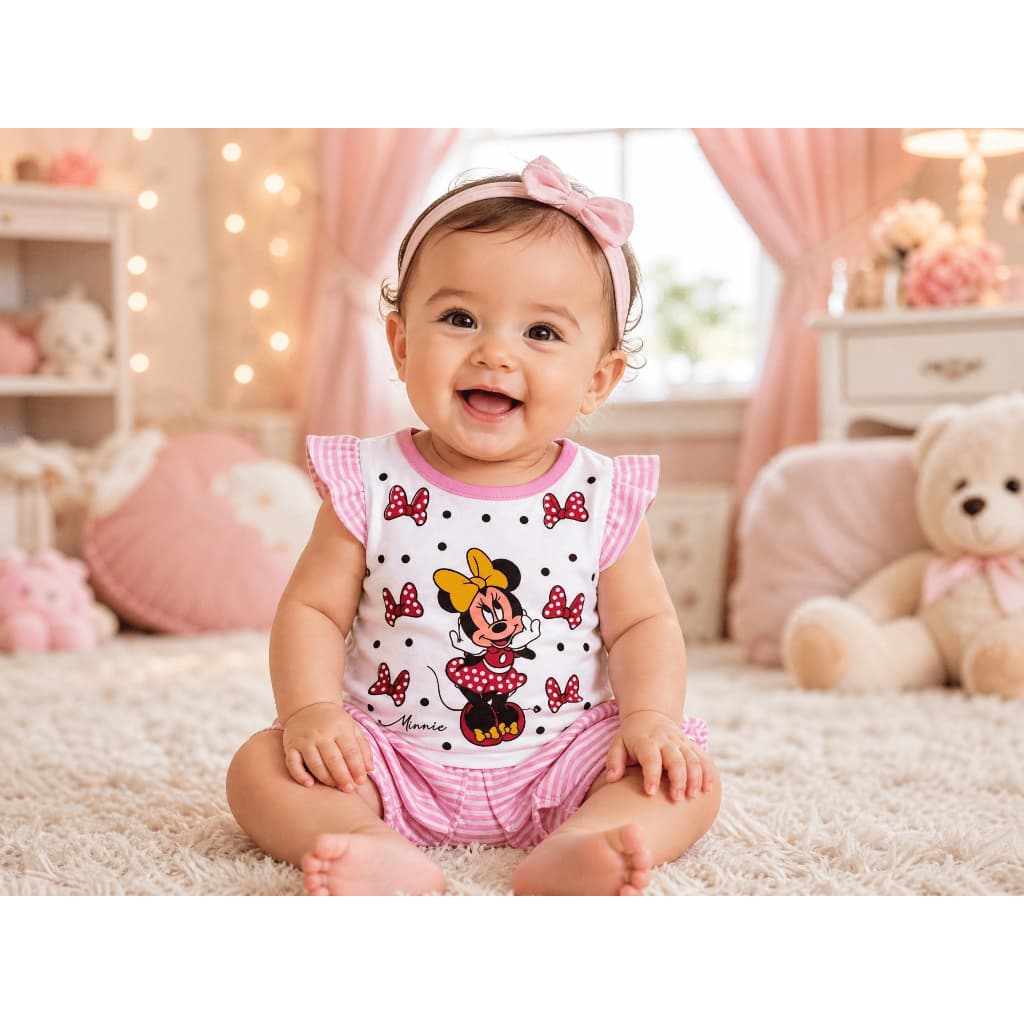 Conjunto Blusa Short e Saia Bebê Minnei Menina Infantil Fofa Moderno e Estiloso