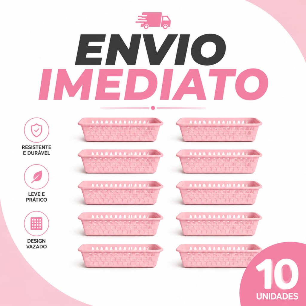 Kit 10 Cestos Organizador Cozinha, Banheiro Multiuso Grande de Gaveta Retangular Rosa, Branco e Preto