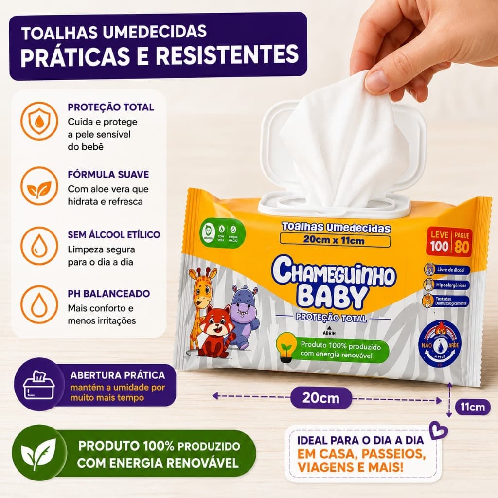 Kit 400 Len莽os Umedecidos Chameguinho Baby RN Toalhas Infantil Higiene Beb锚 Menina Menino