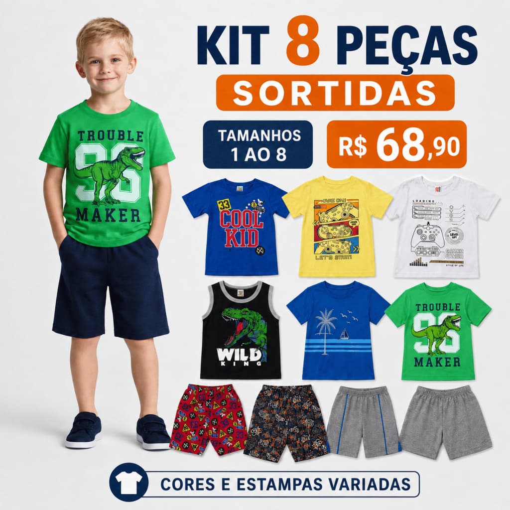 Kit 8 Peças Sortidas Infantil Menino 4 Camisetas + 4 Bermudas Tamanho 1 ao 8 Criança Escola Moletinho