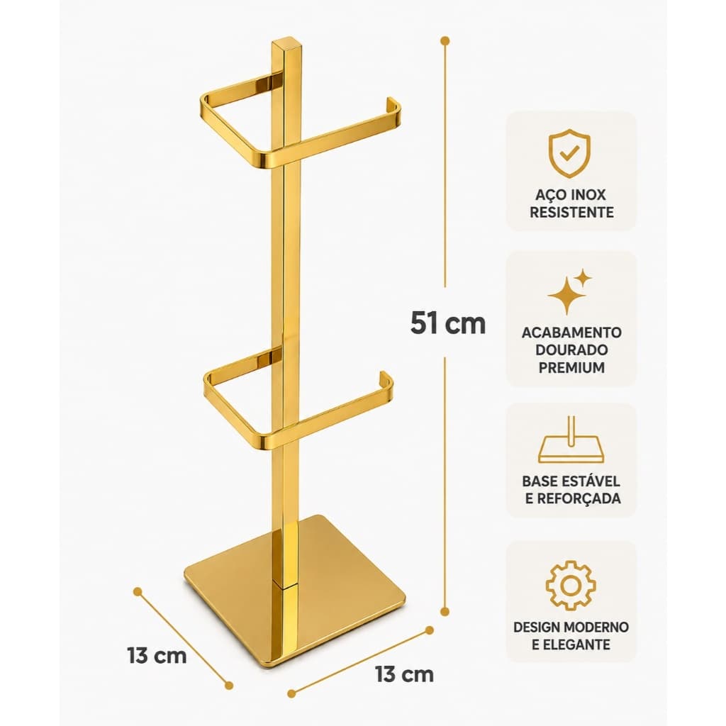 Suporte Porta Papel Higiênico Para Chão banheiro Duplo 2 Rolos Preto Fosco e Dourado
