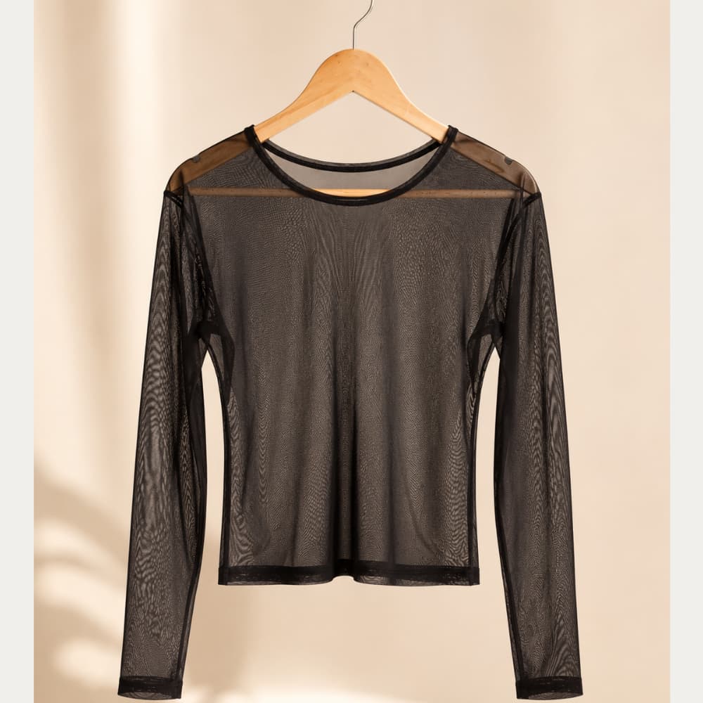 Blusa Tule Manga Longa Preta Transparente Básica