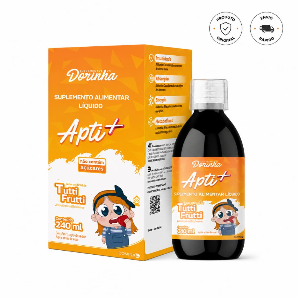 Apti+ Suplemento Alimentar Líquido Infantil 240ml Tutti Frutti | Vitaminas C e B6 | Sem Açúcares | Produto Original