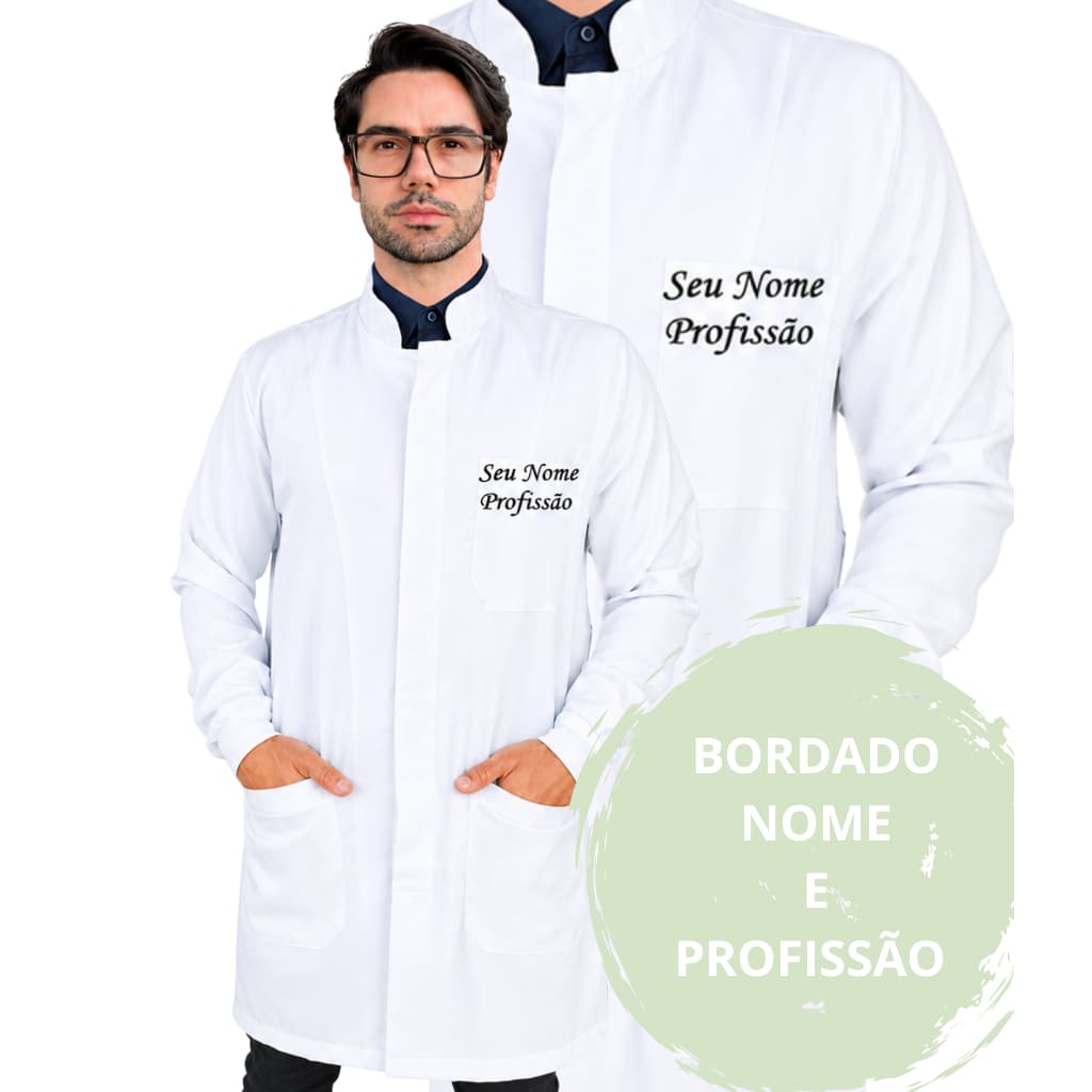 Jaleco Masculino Bordado Botão Embutido Manga Longa Punho Bordado Seu Nome e Profissão Personalizado