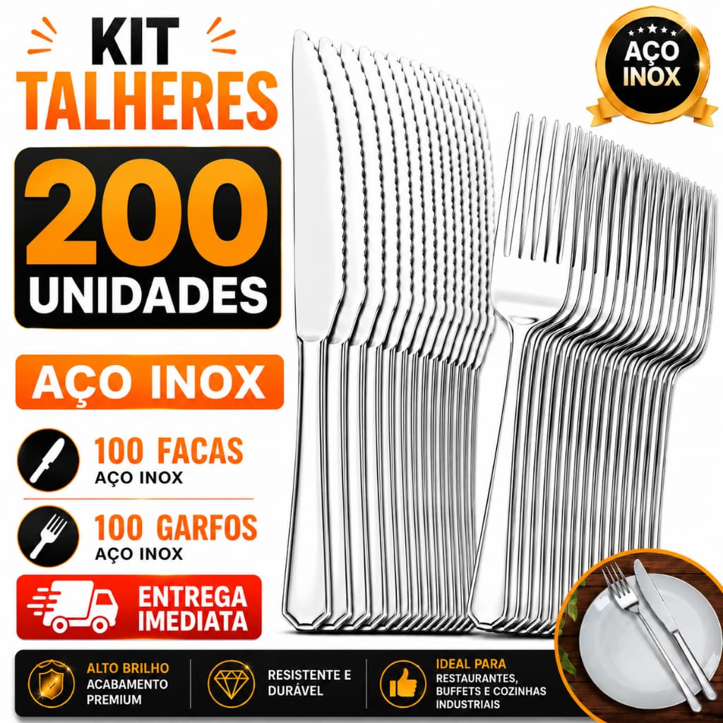 Kit 200 Talheres Aço Inox 100 Facas + 100 Garfos de Mesa Reforçados Restaurante Buffet Bares