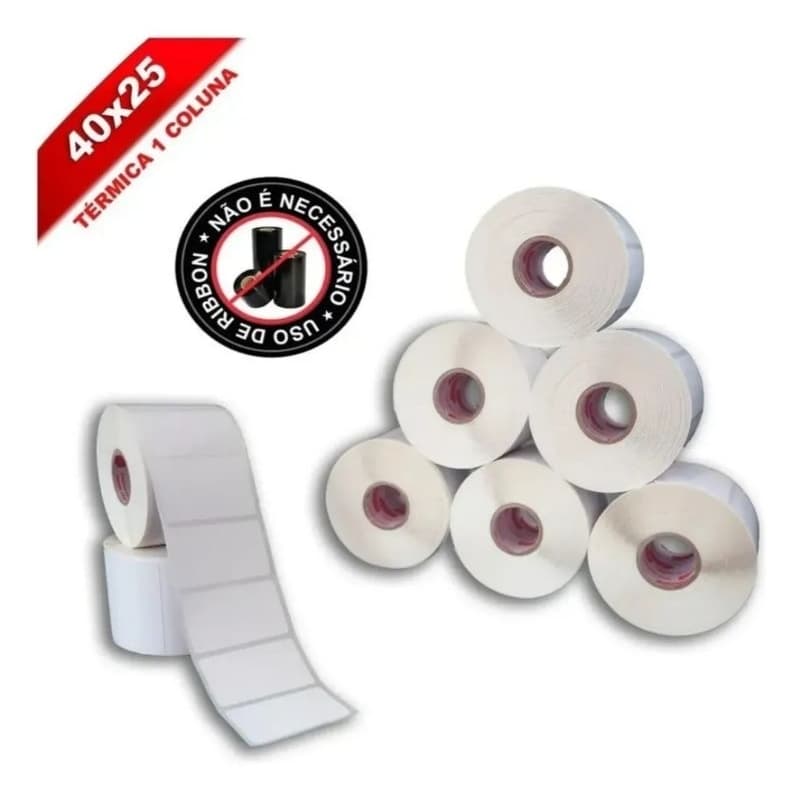 Kit 6 Etiqueta Térmica 40x25 1000un Cada Adesiva Branca Rolo 1 Coluna Full 4x2,5x1
