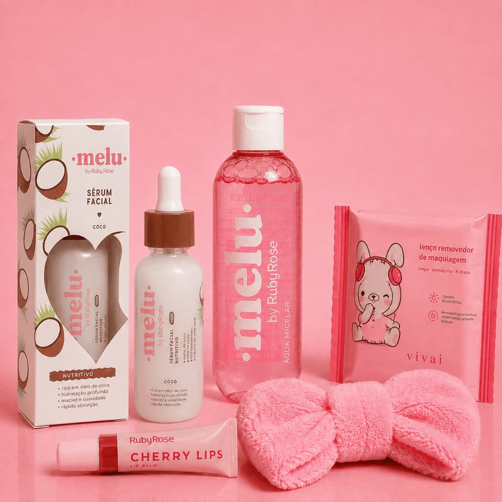 Kit Skincare Ruby Rose Melu + Faixa + Lenço Removedor | Completo, Compacto e Ideal para Bolsa