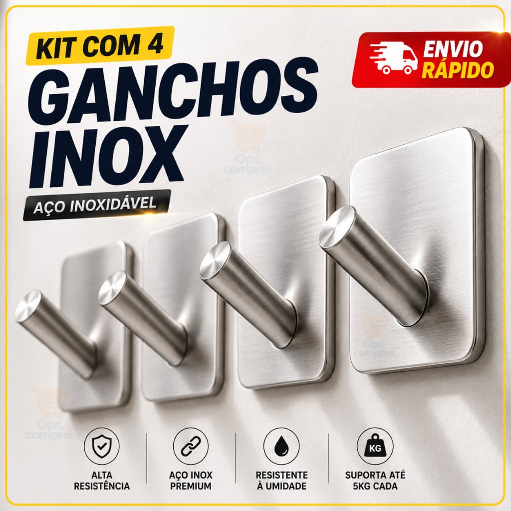 Kit 4 e 6 Ganchos Aço Inox Cabide De Parede Adesivo 3m Autocolante Organizador