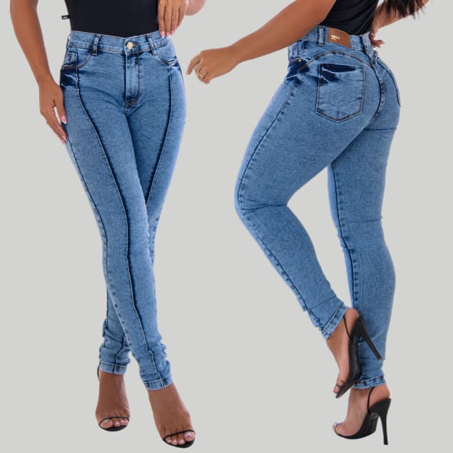 Calça Jeans Feminina Com Nervura Marmorizada Cintura Alta Elastano Empina Bumbum