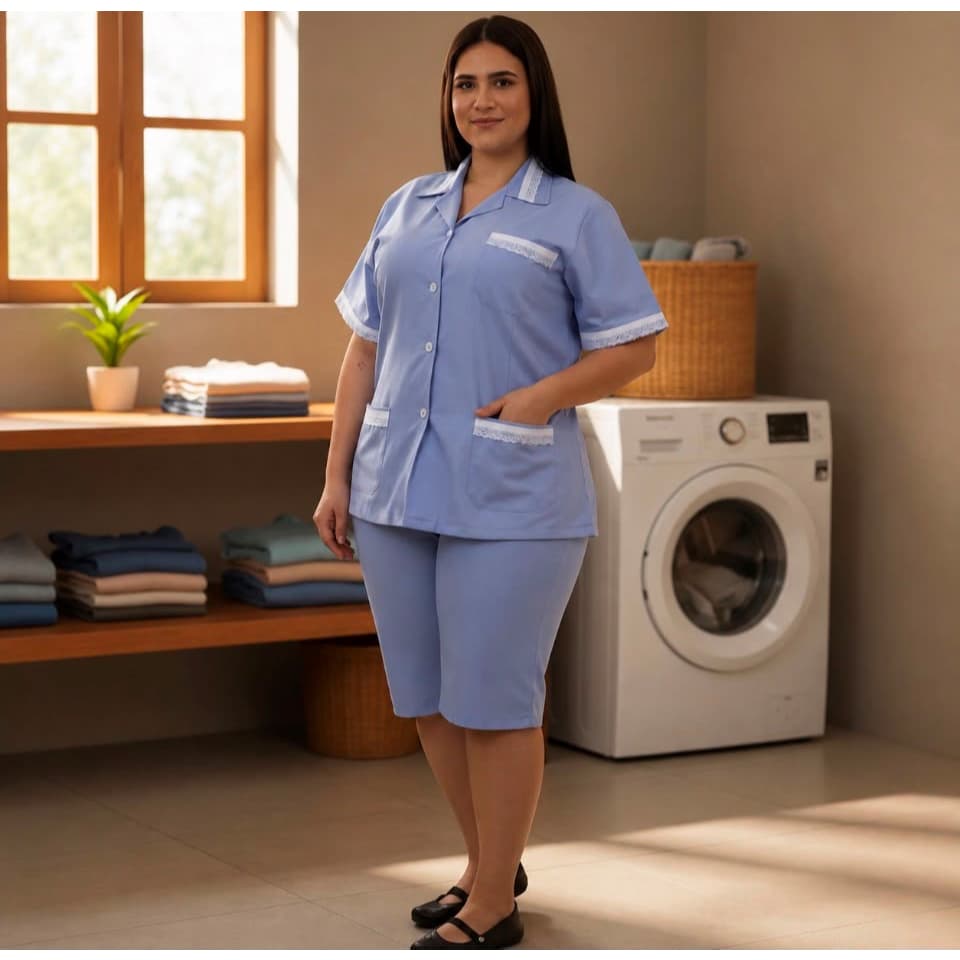 Conjunto De Bermuda e Jaleco em Algodão para Copeira, Empregada Doméstica, Faxineira, Camareira