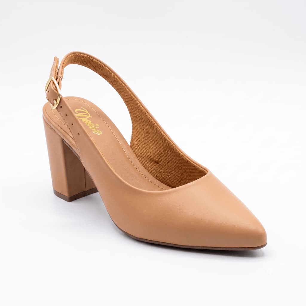 Scarpin Feminino Slingback Salto Bloco Medio Bico Fino Fivela Confortável Trabalhar Festa