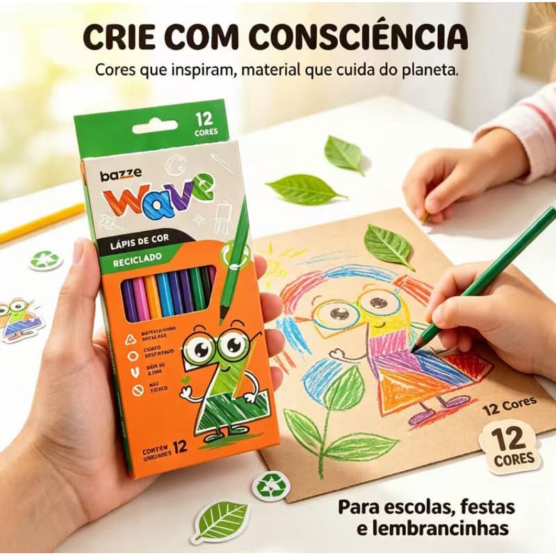 Lápis de Cor 12 Cores Reciclado Não Tóxico Infantil Material Escolar