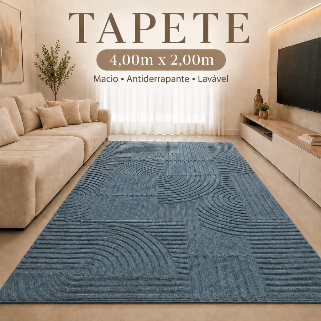 Tapete para Sala Grande  4,00x2,00 Antiderrapante Lavável Macio com Relevo Geométrico