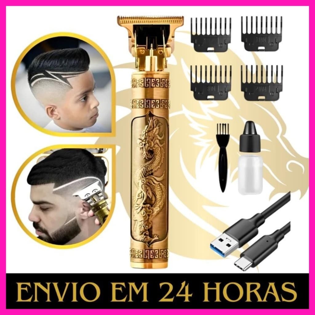 Máquina Cortar Cabelo e Barba Sem Fio Profissional Recarregável Design Dragão Presente Dia dos Pais