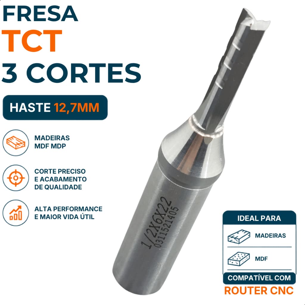 Fresa Topo Reto 3 Cortes Tct 6mm 22mm Router Cnc Madeira Moveis MDF MDP