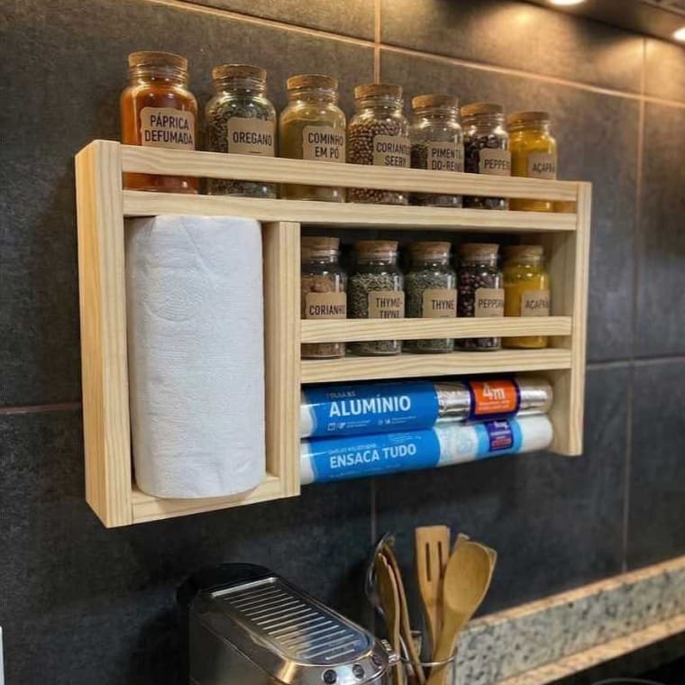 Suporte Porta tempero cozinha condimentos suporte organizador porta papel toalha filme aluminio parede madeira
