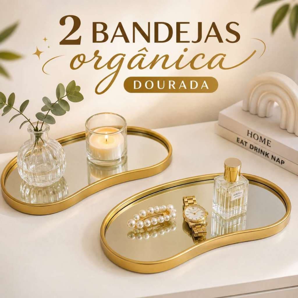 Kit c/ 2 Bandejas Espelhada Decorativa Dourada Orgânico Organizadora Lavabo Perfumes Joias Penteadeira e Banheiro