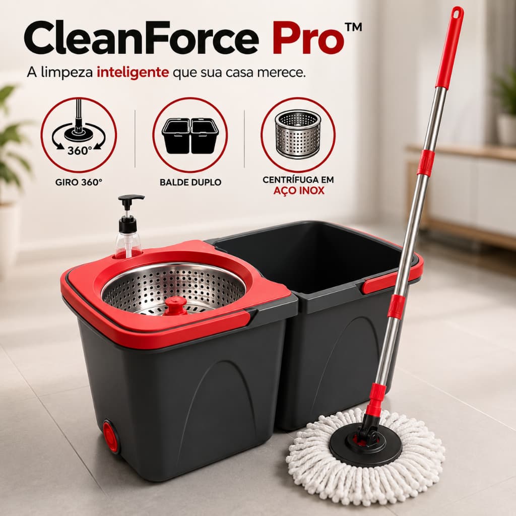 Mop Giratório 360° Balde Duplo Centrífuga Inox 13L Refil Microfibra Cabo Aço Inox CleanForce Pro™