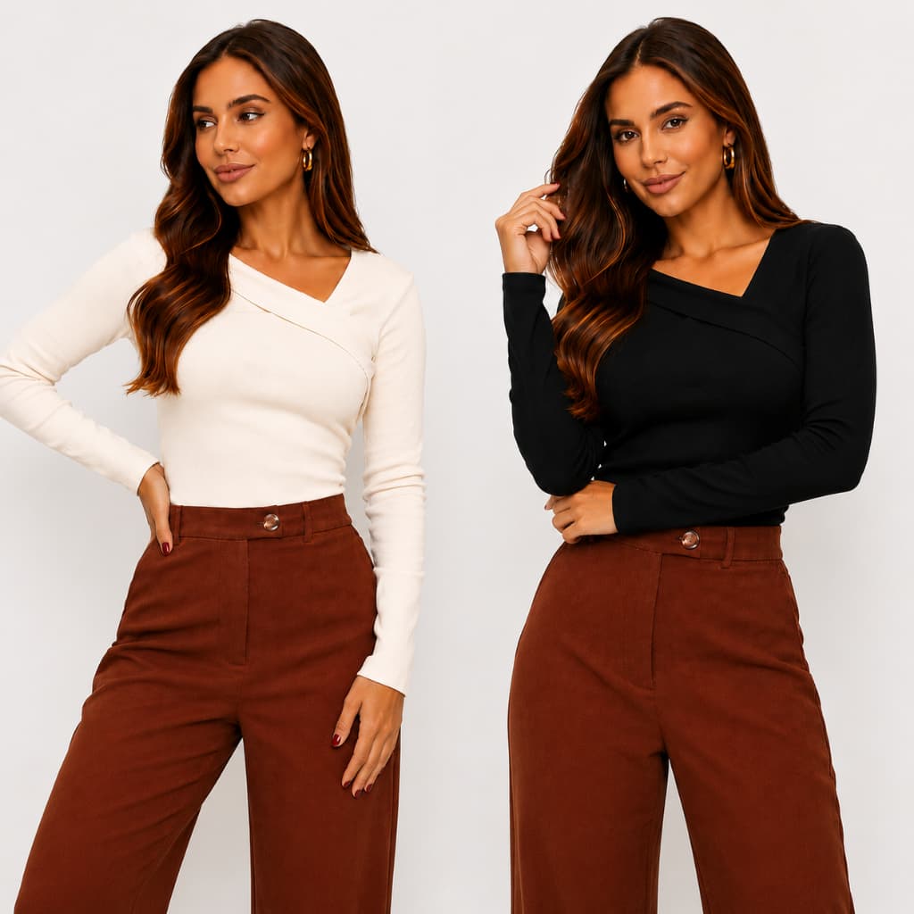 Blusa Feminina Manga Longa Canelada Decote V Transpassado Assimétrico Inverno Moda Elegante Tamanho Único