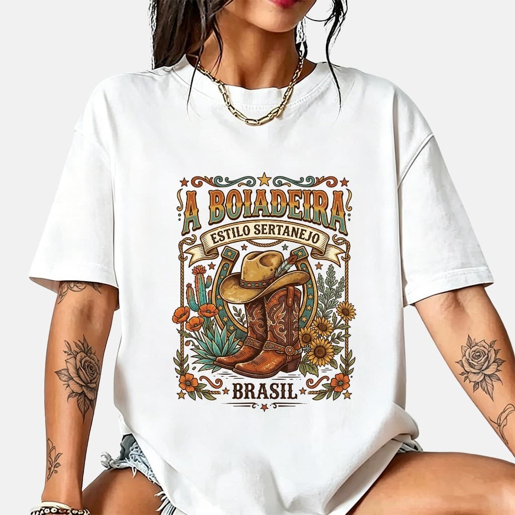 Camiseta Feminina Oversized 100% Algodão Estampa Sertaneja Brasil A Boiadeira Estilo Countrywestern Moda Feminina
