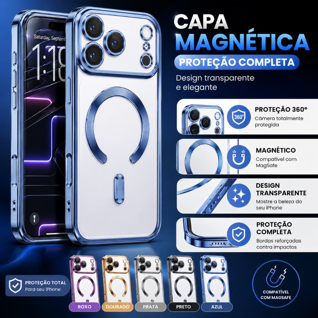 Capa MagSafe para iPhone 11 a 17 Transparente, Borda Eletroplatinada, Anti-impacto, Proteção 360° e Câmera Protegida
