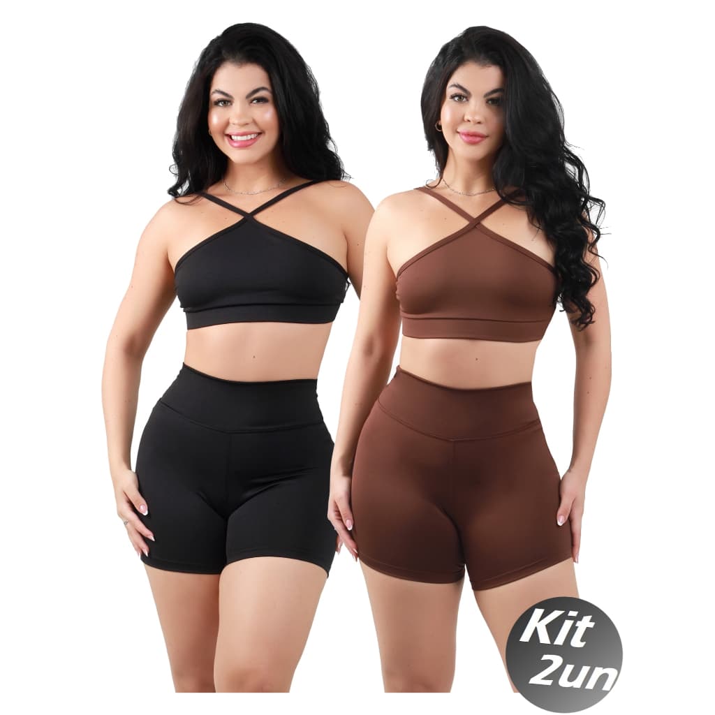 Kit 2 Conjunto Fitness Top Cruzado alça e Short bermuda Feminina Academia