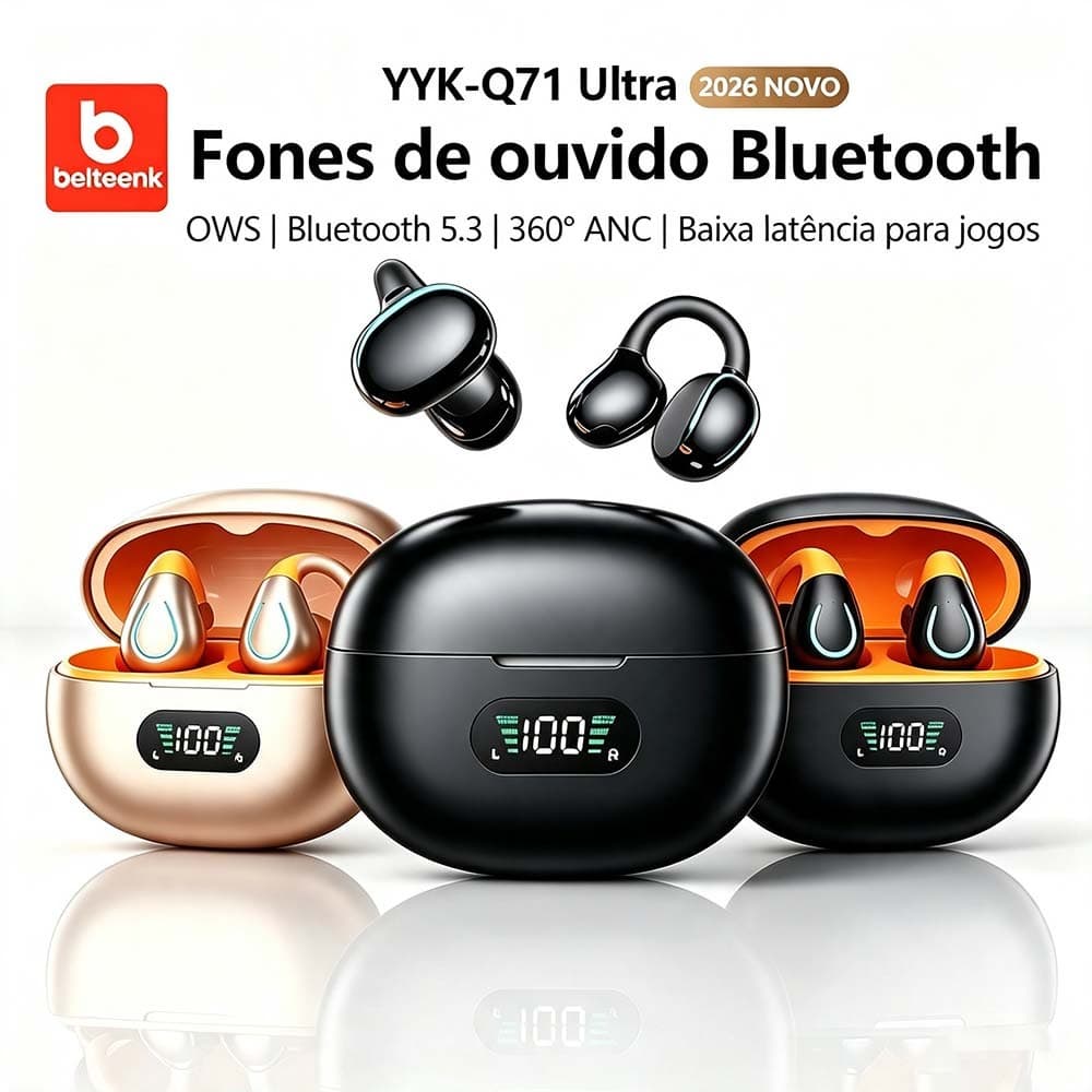 Fones de ouvido Bluetooth Clip Ouvido 5.4, Sem Dor, IP Esportivo, HD, Display LED, Controle Físico e Emparelhamento Auto