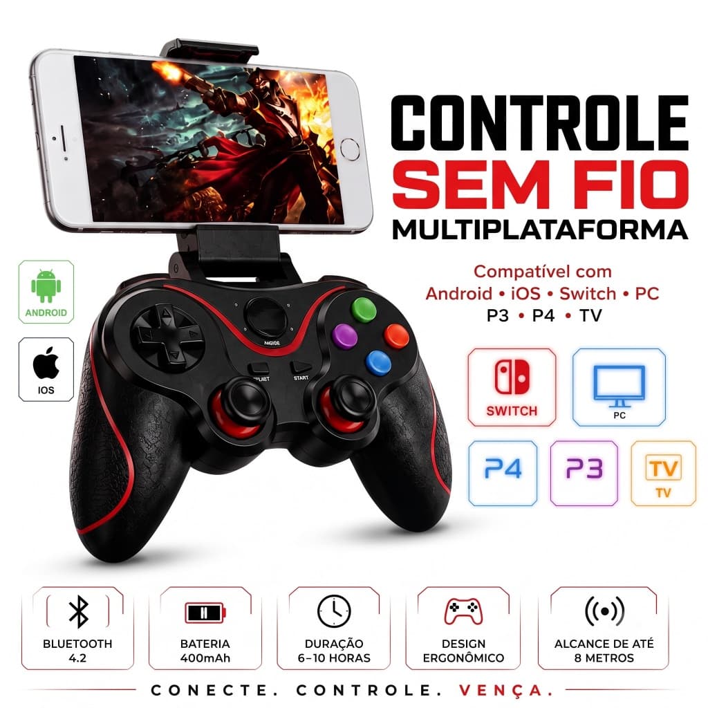 Controle Bluetooth Gamer Sem Fio para Celular Android iPhone PC Switch PS3 Recarregável Baixa Latência com Suporte