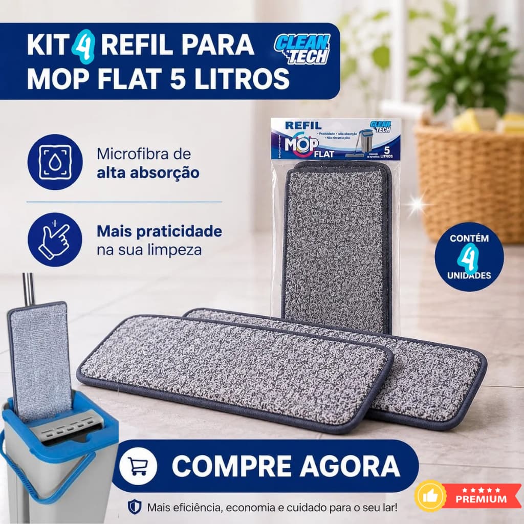 Kit 4 Refil Mop Flat Balde 5L Pano Microfibra Reposição Limpeza Pisos Clean Tech Profissional