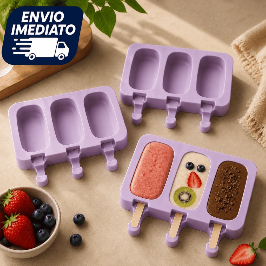 KIT 3 Molde Forma Picolé Silicone com Tampa + 150 Palitos Sorvete