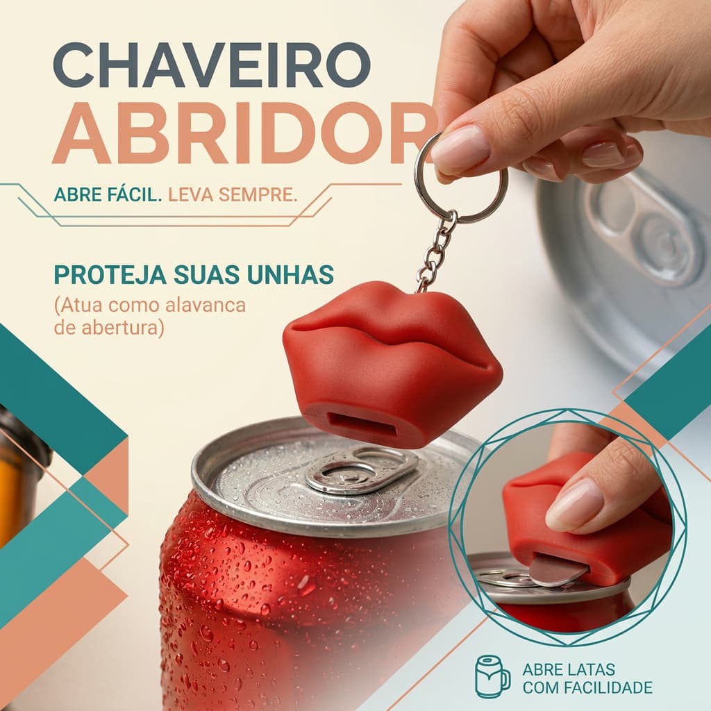 Chaveiro Abridor de Latas Modelo de Beijo Preserva sua Unha Delicado Feminino