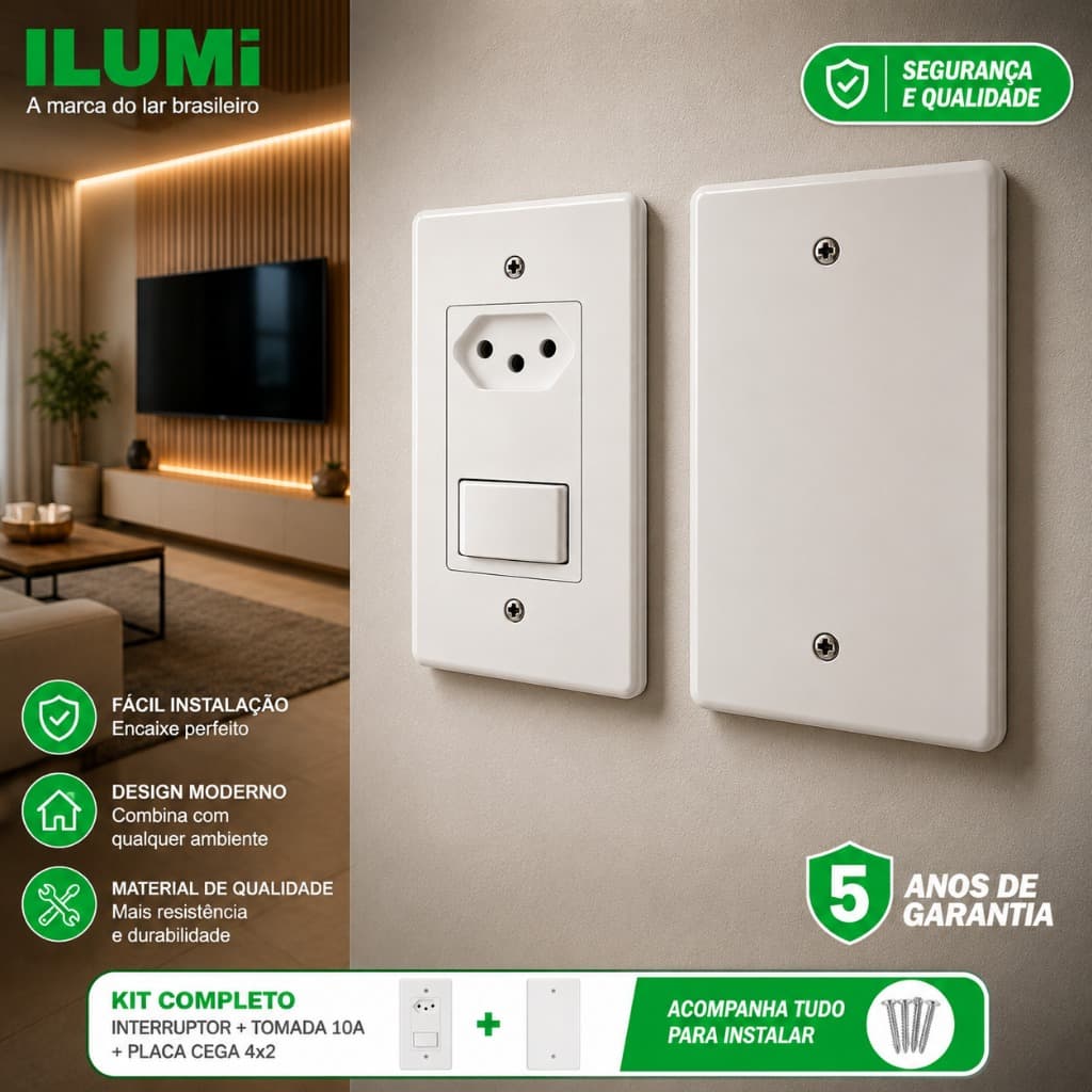 Tomada 10A Com Interruptor Tecla Simples Conjunto / Placa Cega Espelho Cego 4x2 Ilumi