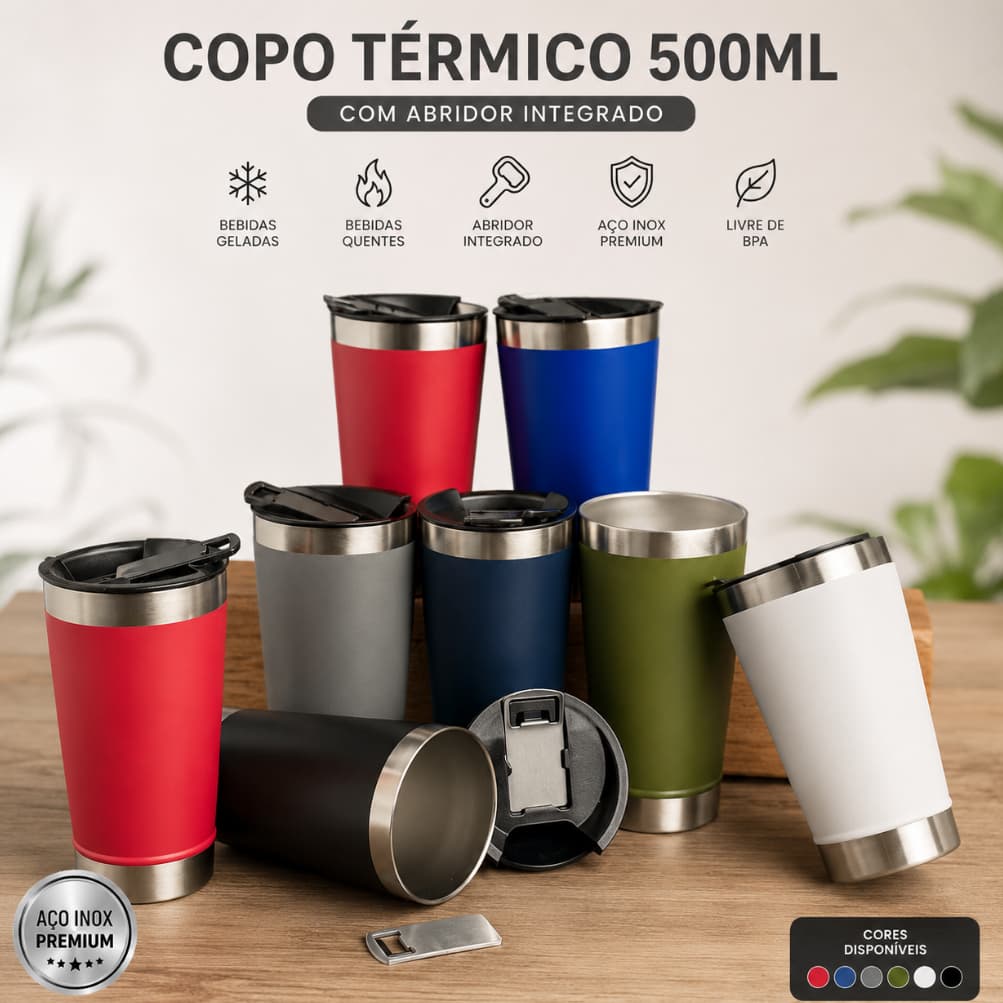 Copo Térmico 500ml Inox Tampa e Abridor Personalizado a Laser Nome Logo Profissão Presente Brinde Cerveja Corporativo