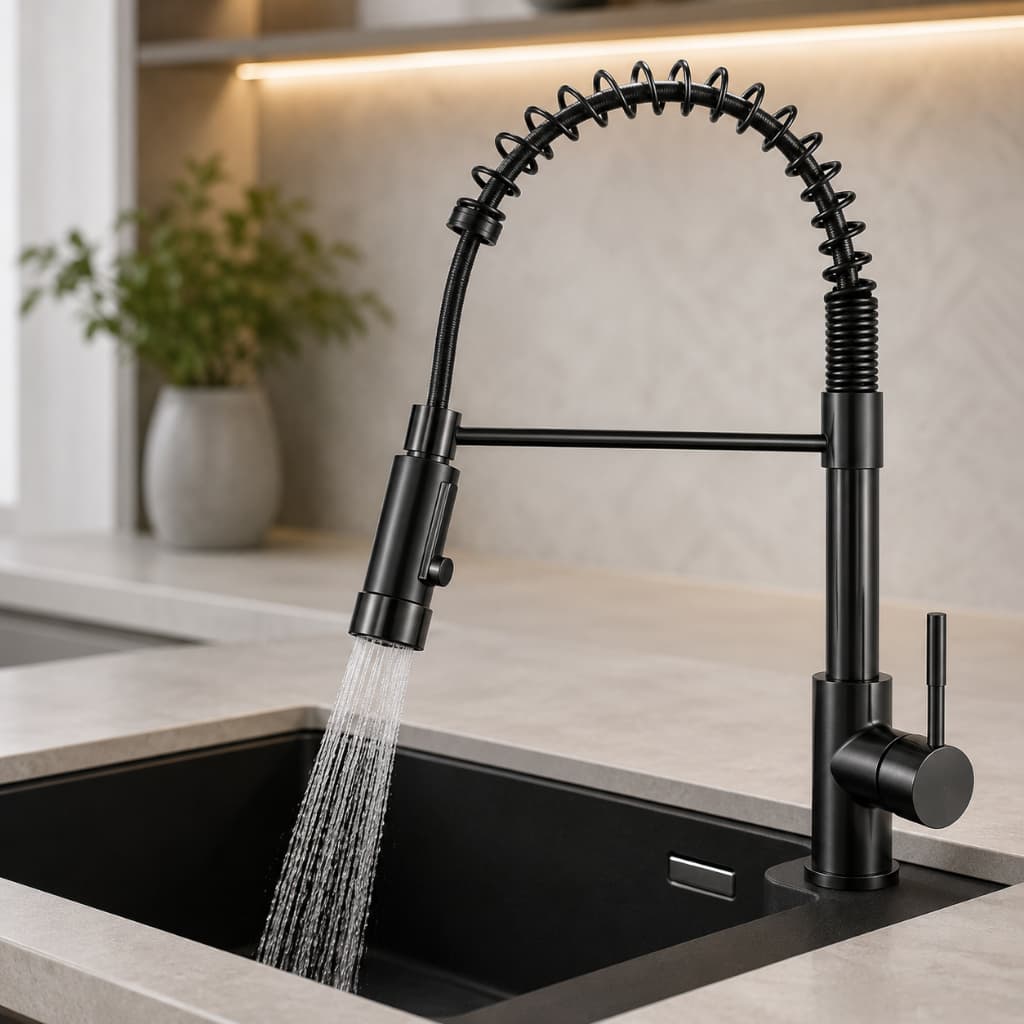 TORNEIRA PREMIUM INOX/PRETA COM DUCHA EXTENSÍVEL FLEXÍVEL PARA COZINHA DE MESA